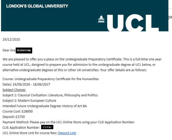 Оффер о зачислении в UCL — программа History